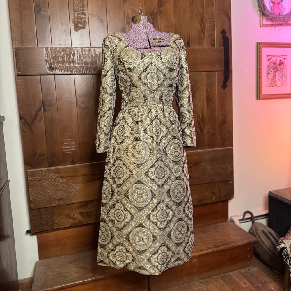 1960s 70s designer Adele Simpson for I Magnin lurex metallic cocktail dress